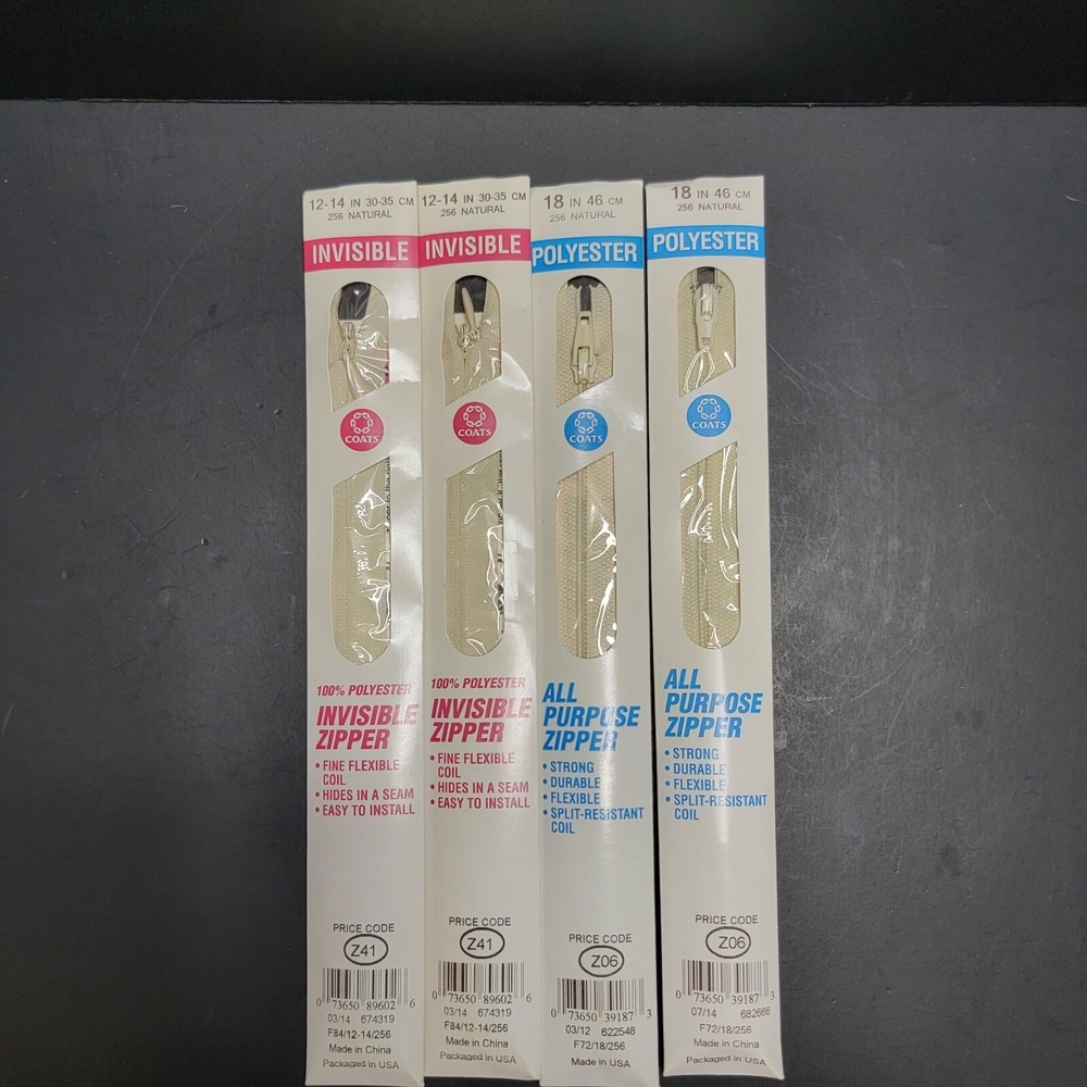 2 White Invisible Zippers And 2 Polyester Zippers Vintage